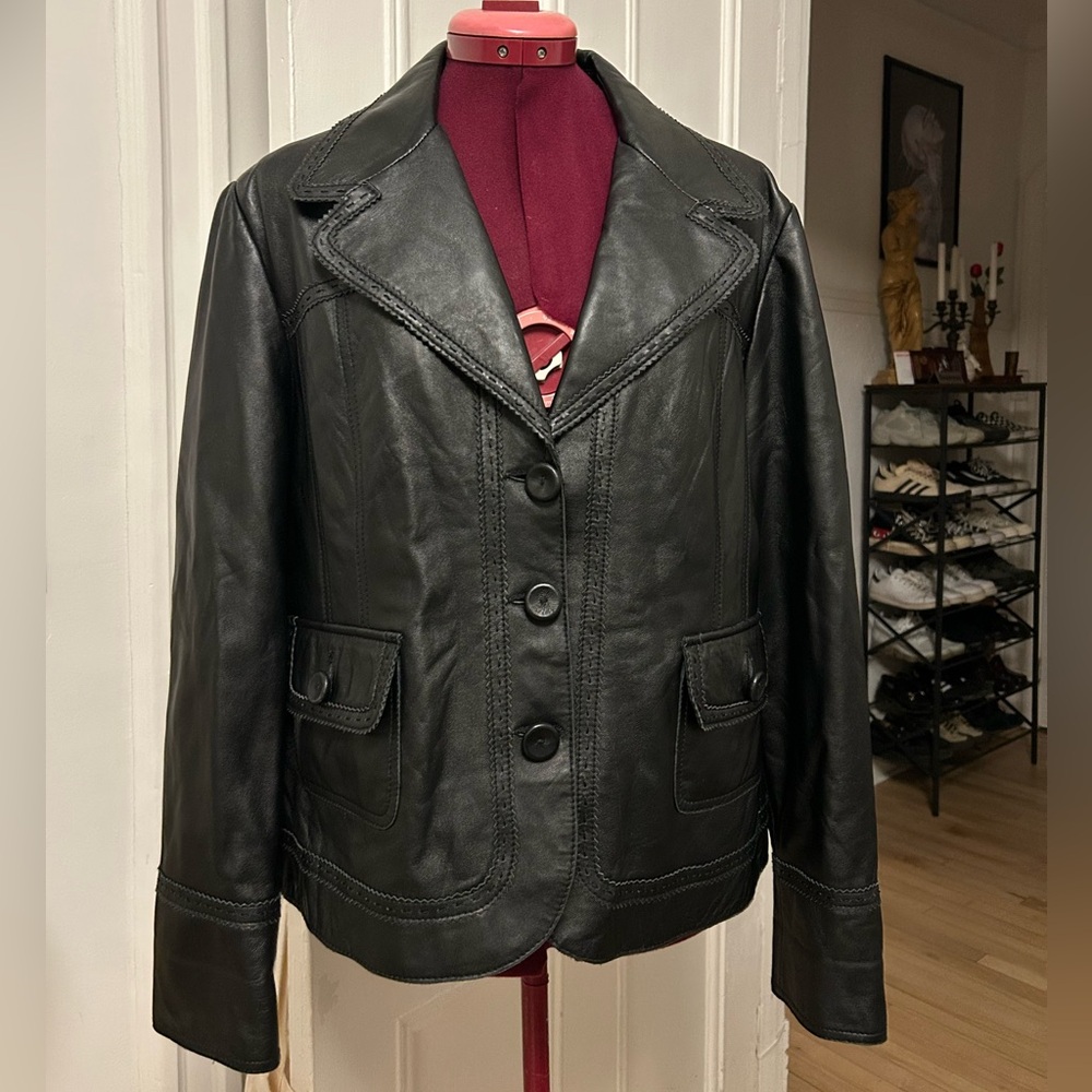 Classic Black Leather Blazer Jacket - Picture 1 of 7